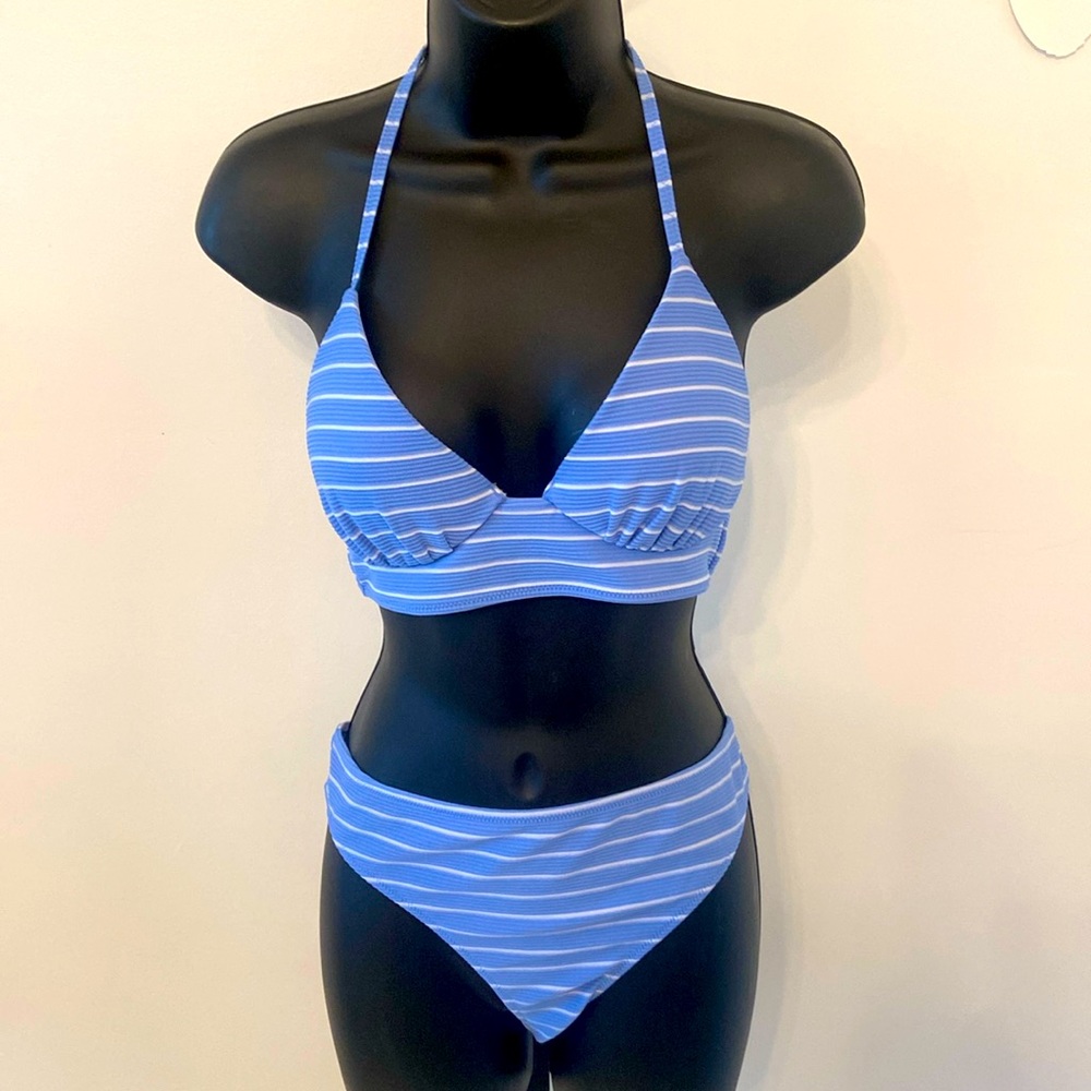 Shade & Shore Ribbed Periwinkle White Striped Bikini Size 34B Top and Med Bottom